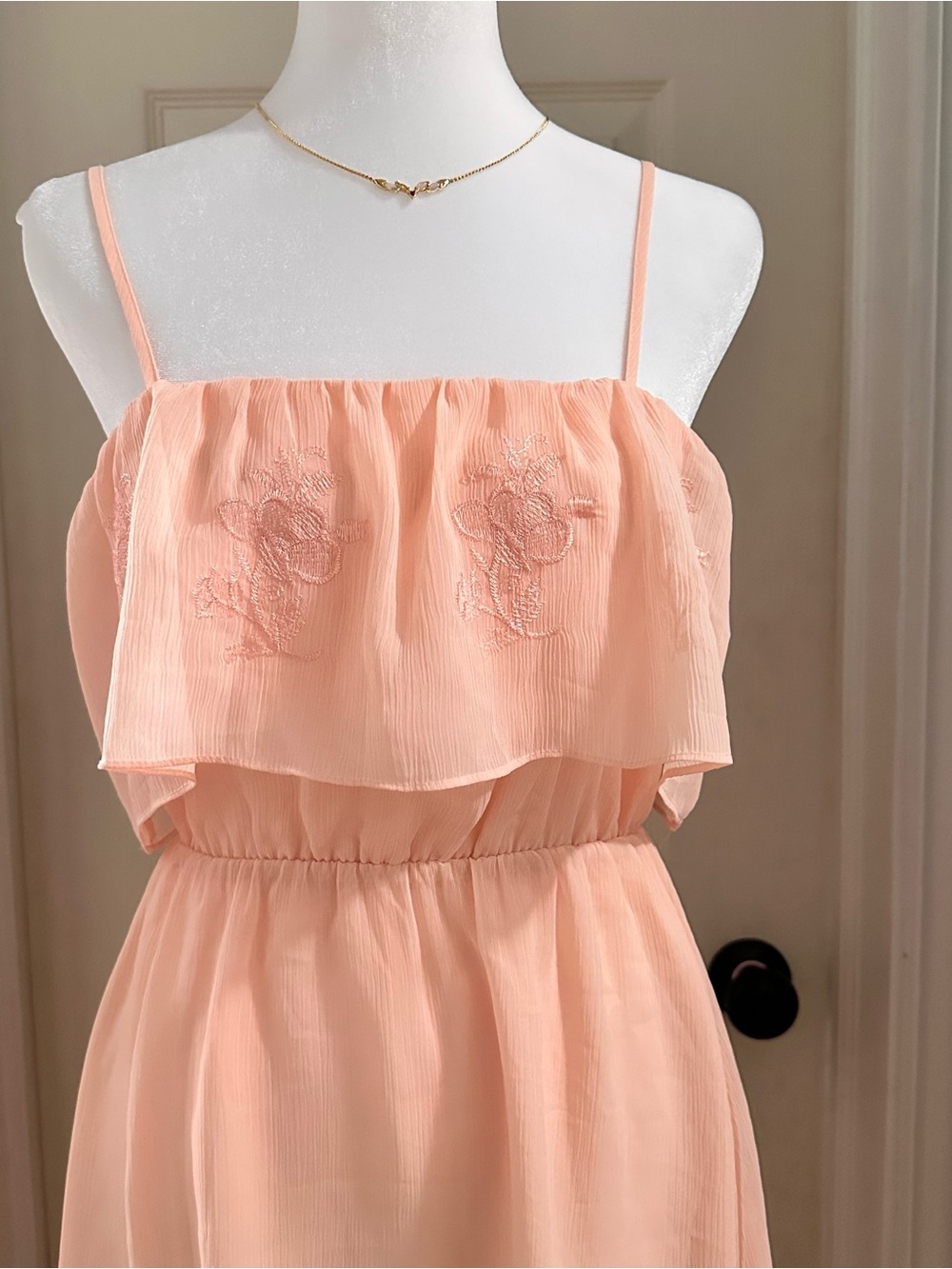 Forever 21 Peach Fairycore Spaghetti-Strap Ruffle Dress with Embroidered Bodice - Picture 2 of 6
